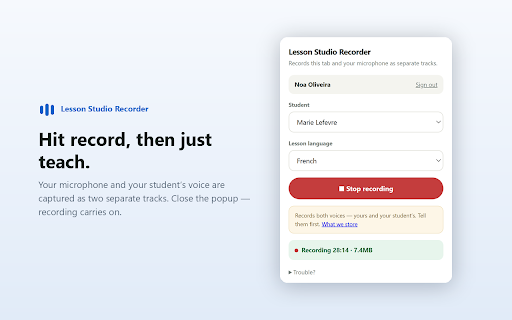 Lesson Studio Recorder :: Records your online language lesson as two audio tracks and sends them to Lesson Studio for a written recap.