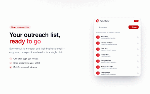 TubeMailer - YouTube Email Finder :: Find business emails from YouTube creators and export them to CSV, Excel & more. Search by keyword or category.