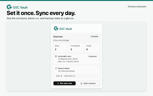 GSC Vault – Search Console Backup & Analytics :: Back up Google Search Console data daily to your own Drive. Keep history beyond 16 months without a hosted GSC Vault database.
