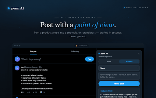 Penn AI | Market your product on X, in your voice :: A human-in-the-loop X reply copilot that drafts replies and posts in your voice, using your context only when relevant.