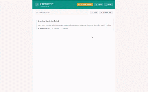 Web Clipper & Highlighter to PDF - Excerpt :: Privacy-first web clipper & Clip ChatGPT chats.Clip text or images into a searchable local library.Tag,annotate & export clean PDFs.