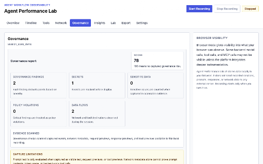 Agent Performance Lab :: Browser DevTools for observing, testing, and governing AI agent workflows.
