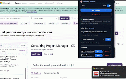 Job Page Monitor — Fast Alerts for New Tech Jobs :: Watch career pages in one click and get notified when listings change. Watchlist + keyword filters + dark mode.
