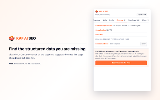 KAF AI SEO — On-Page Inspector :: Inspect any page's SEO: meta tags, canonical, hreflang, structured data, headings, links, images. Runs entirely in your browser.