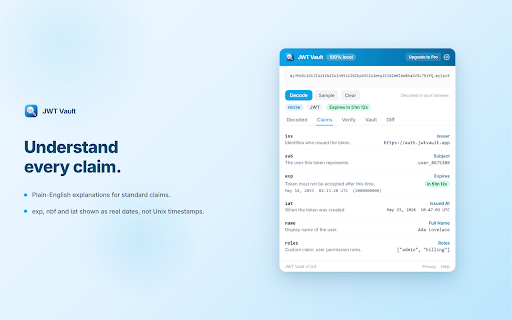 JWT Vault - Decode, Verify & Debug Tokens :: Decode JWT tokens locally, verify signatures & debug claims. Live expiry + encrypted vault. Tokens never leave your browser.