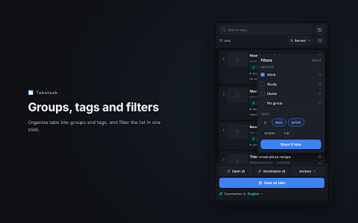 Tabstash :: Сохраняйте открытые вкладки со скриншотом, тегом и заметкой, ищите и сортируйте их в боковой панели.