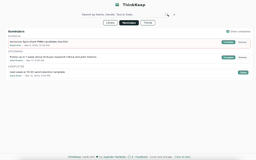 ThinkKeep :: Enhances LinkedIn by showing a custom tooltip when hovering over profile avatars in the news feed.