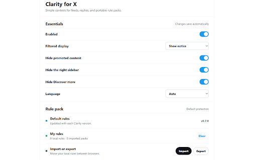 Clarity for X :: Locally hide X promotions, recommendation clutter, and spam-like replies, with review and recovery controls.