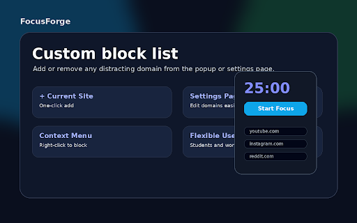 FocusForge - Site Blocker & Focus Timer :: Block distracting websites during focus sessions and build better deep-work habits.