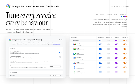 Google Account Chooser (and Dashboard) :: Redirects Google service links (Gmail, Meet, Calendar, Drive, etc.) through Account Chooser so you can pick the right account.