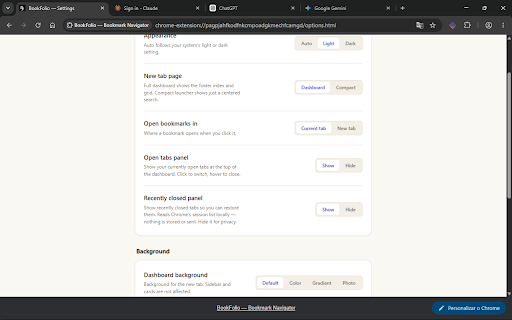 BookFolio — Visual Bookmark Manager :: Visual bookmark manager and new-tab dashboard for organizing Chrome bookmarks into daily tools, projects, research, and groups.