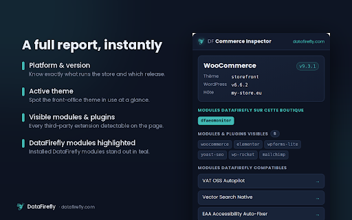 DF Commerce Inspector :: Detect PrestaShop, WooCommerce, Shopware & Shopify: version, theme, modules — plus compatible DataFirefly modules.