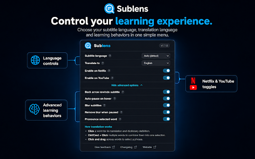 Sublens - Translate & Learn from Subtitles :: Turn Netflix, YouTube & Prime Video subtitles into instant word translations, dictionary lookups & pronunciation.