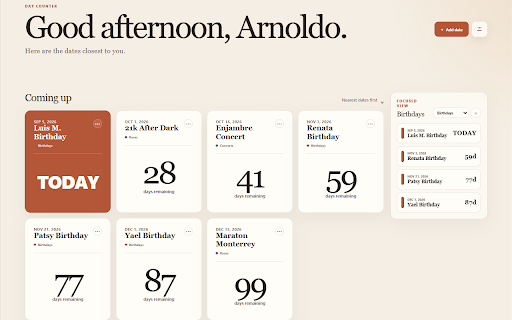 Day Counter :: See the dates that matter whenever you open a new tab.