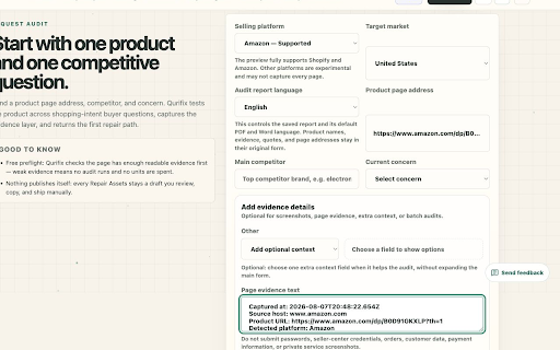 Qurifix Capture :: Capture ecommerce product-page evidence and send it to the Qurifix Audit form.