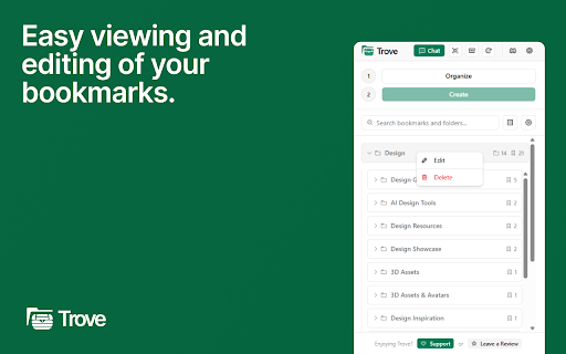 Trove - Your personal bookmark organizer :: Organizes bookmarks by grouping them into folders. Features backup, restore, duplicate detection, and search.