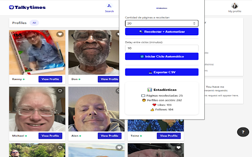 Talkytimes Auto Cycler :: Recolecta perfiles, da like/follow, y automatiza ciclos en Talkytimes.