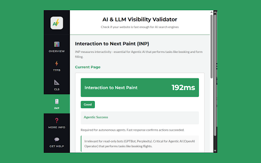 AI & LLM Visibility Validator :: Check which AI bots can access your site, measure TTFB/CLS/INP performance, and analyze JS vs HTML content visibility.