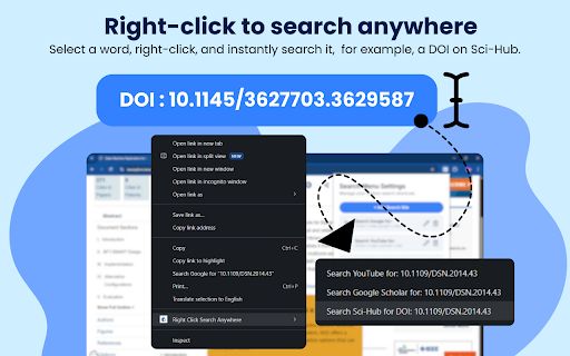 Right Click Search Anywhere :: Select text, right-click, and search on your favorite websites. Popup allows menu customization.