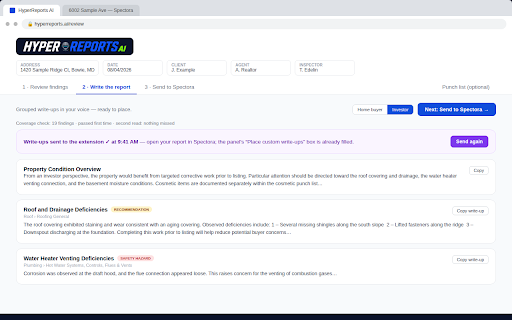 HyperReports AI (beta) :: Builds your inspection report for you — checks the boxes and places your write-ups, in your words. Works with Spectora.