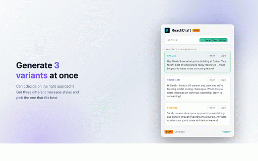 ReachDraft :: AI-powered LinkedIn outreach messages in one click. Auto-insert to LinkedIn, contact tracking, batch mode & CSV export.