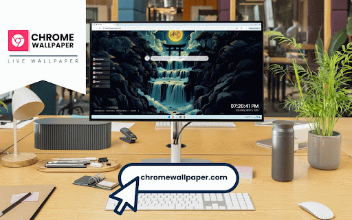 Moonlit Waterfall Live Wallpaper :: Sacred torii gate crowns cascading waterfall beneath brilliant golden moon.