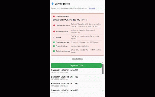 Carrier Shield :: Check a carrier for fraud signals before you book.