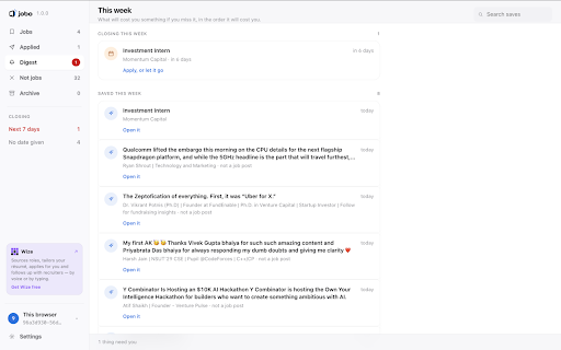jobo — save jobs from anywhere :: Save job opportunities from anywhere with one click, then organise, track and export them. Local-first and private by default.