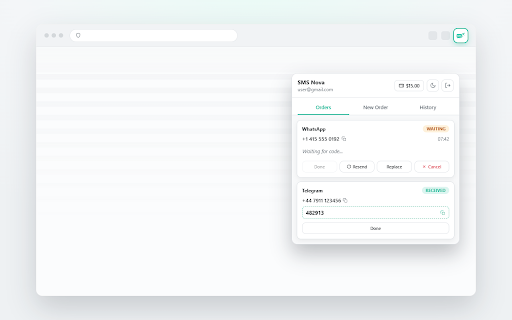 SMS Nova - Temporary Phone Number :: Manage your SMSNova virtual numbers, view SMS codes, and check your wallet balance right from your browser toolbar.