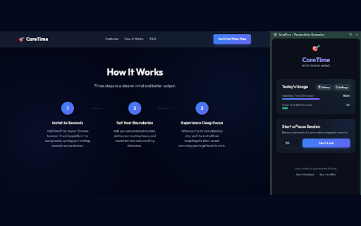 CoreTime - Productivity Extension :: Protect your focus by blocking distractions, setting strict work schedules, and limiting daily social media scroll time.