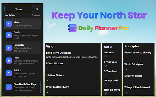 Daily Planner Pro — Work Notebook & Task Organizer :: A private, offline work notebook with daily planner pages, North Star notes, templates, search, autosave, and dark/light mode.
