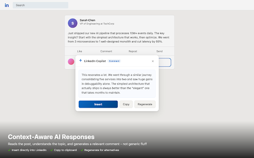 LinkedIn Copilot :: AI writing assistant for LinkedIn. Generate smart comments, cold DMs, and posts with one click.