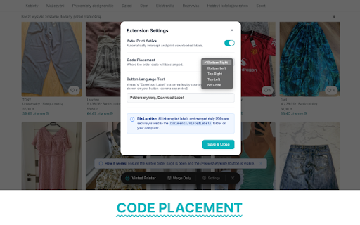 Vinted Auto Printer: Label & PDF Automation :: Automate Vinted shipping! Download, embed codes, merge PDFs, and auto-print thermal labels directly to your local printer.