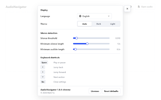 AudioNavigator :: Review audio faster with a visual waveform and quick jumps between sound and silence. Files stay local in your browser.