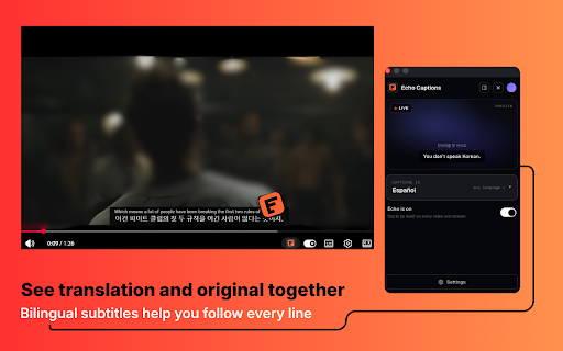 Echo Captions: Video & Subtitle Translator :: Translate YouTube videos, Twitch & Kick live streams and Crunchyroll anime. Auto AI subtitles & live captions in 14 languages.