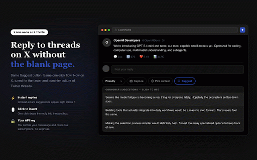 ConvoBar.com :: Suggests thoughtful responses on LinkedIn, X, and online communities.