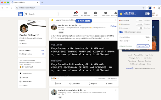 LinkedHero :: Filter LinkedIn feed posts by author follower count. Hide noise, highlight influence.