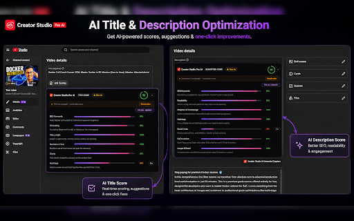Creator Studio Pro AI - SEO & Subtitles for YouTube :: Auto-generate subtitles and optimize title and description SEO scores inside YouTube Studio using AI.