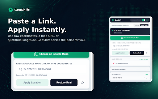 GeoShift – Location Changer & GPS Tester :: GPS location changer for websites. Pick a place on Google Maps or paste coordinates to test browser geolocation.