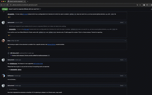 Wide GitHub :: Makes GitHub wide on Google Chrome. Supports GitHub, private Gists, GitHub Enterprise, and custom domains (TLDs).