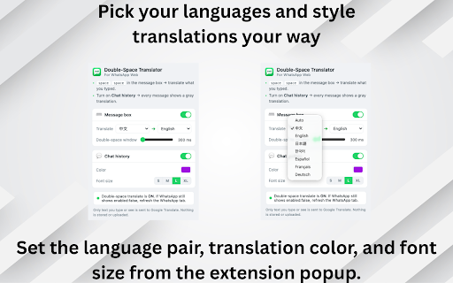 WhatsApp Translator - Double-Space, Send :: Translate WhatsApp messages instantly. Type in your language, press space twice, and send in theirs.