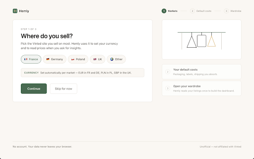 Hemly — Profit Calculator for Vinted Sellers :: See your real profit on every listing, price with data, track your wardrobe. No account, your data stays in your browser.
