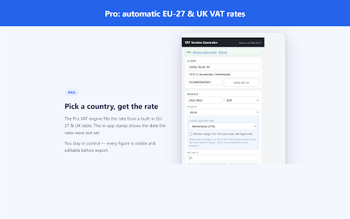 VAT Invoice Generator :: Build a branded VAT invoice and export it as a clean PDF. Fully offline core. Not tax advice.