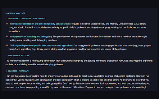 LeetAnalyze :: LeetAnalyze — fetch your full LeetCode history and get AI coaching feedback, end to end.