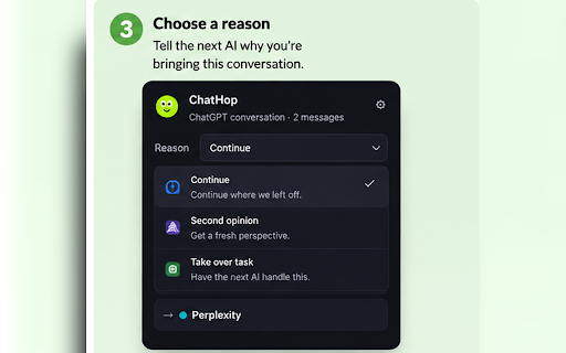 ChatHop :: Move AI chat context between leading AI assistants — without re-explaining from scratch.