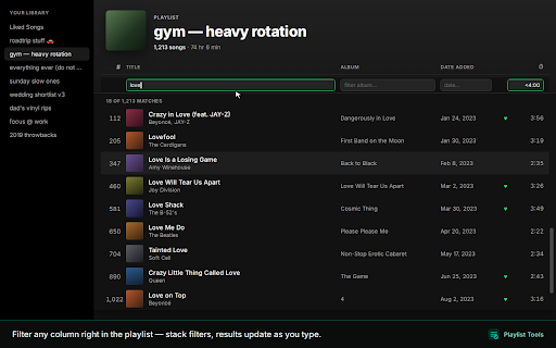 Playlist Tools for Spotify :: Search, sort, shuffle, clone, back up & restore playlists. Filters, bulk edits, Liked Songs - and the classic heart icon is back.