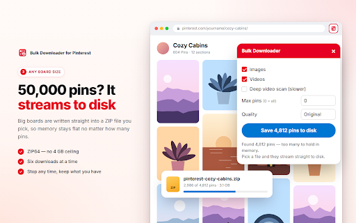 Bulk Downloader for Pinterest :: Auto-scrolls a board, grabs every pin at full resolution, and saves them all as one ZIP. No account, no server, no upload.
