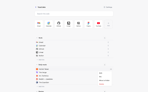 YourLinks :: Turn your Chrome bookmarks into a customizable new-tab homepage. Organize into folders, pin favorites, and find duplicates.