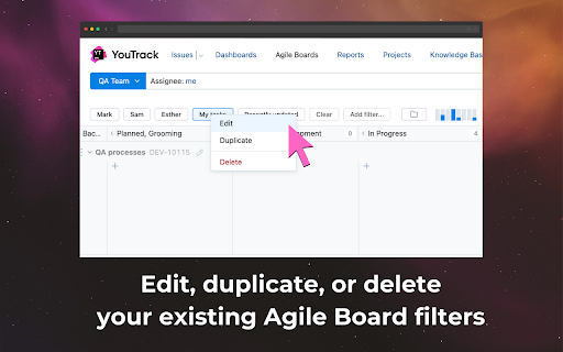 YouTrack Quick Filters :: Add quick filter buttons to YouTrack Agile Boards. Create filters via a modal.