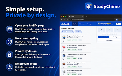 StudyChime - Prolific Study Alerts :: Get instant Prolific study alerts in Chrome or on your phone through Discord, Telegram or Pushover.